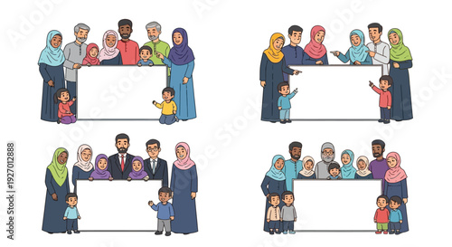 Diverse group of people including families posing with blank banners