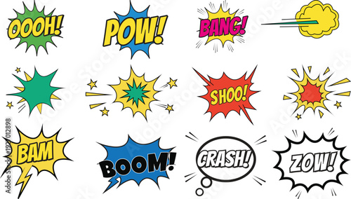 Comic Book Action Words and Speech Bubbles Pop Art Vector Illustration Set, Comic book sound effects explosion graphics