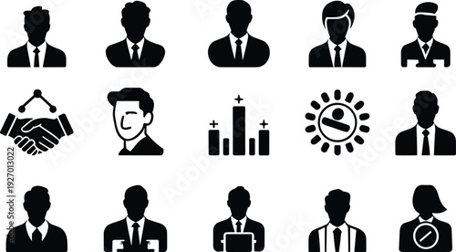 Business people silhouette icon set featuring corporate avatars, teamwork handshake and professional office symbols for modern vector design projects