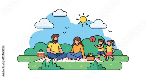 Cartoon illustration of a family having a picnic in a park with green grass and blue sky with clouds and sun