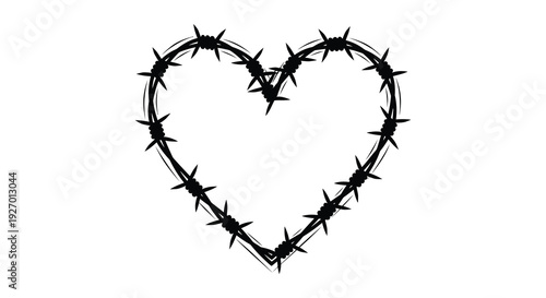 A stark black heart shape meticulously crafted from barbed wire representing painful love silhouette high quality professional