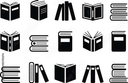 Library book silhouette icon set featuring stacked textbooks, open reading books and education symbols for publishing design vector collection