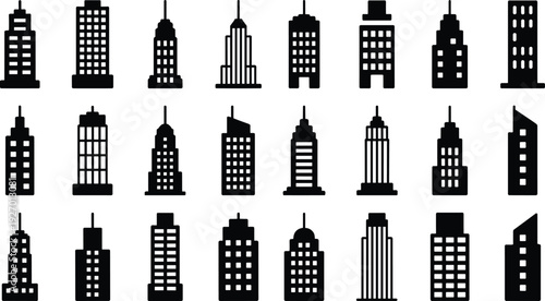 Minimal city building icon set with modern skyscraper skyline silhouettes for urban architecture, real estate, construction, infographic, and UI design