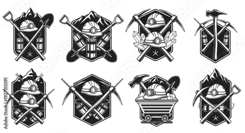 Mining emblems collection featuring tools and protective gear in monochrome style.