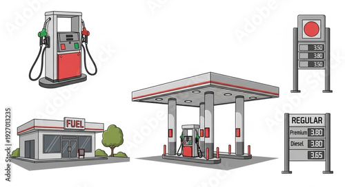 Gas station elements - pumps, canopy, price signs, and building, all in a detailed illustration.