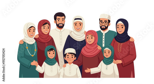 A diverse muslim family group portrait with traditional clothing and smiling faces