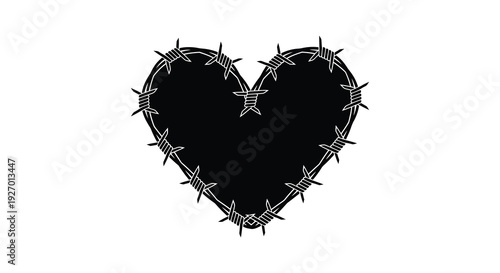 A stark black heart shape is outlined with barbed wire conveying pain and a complex love silhouette