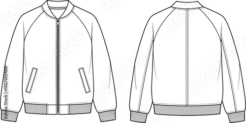 Technical flat sketch of bomber jacket front and back view with zipper closure welt pockets ribbed cuffs and hem ideal for fashion apparel garment design illustration