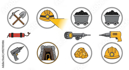 Mining tools and equipment icons representing the industry and its work.
