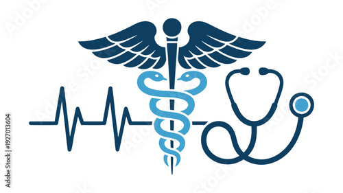 Symbol of medical care featuring caduceus and stethoscope over heartbeat lines