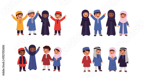 Diverse group of muslim children with raised arms cartoon illustration