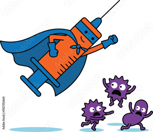 Superhero Syringe Flying to Fight Pathogens and Germs