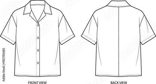 Technical flat sketch of short sleeve button up shirt front and back view with pointed collar button placket seam lines and stitching ideal for fashion garment design