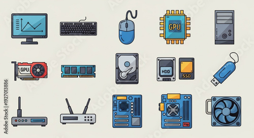 Collection of various computer hardware components and accessories isolated.