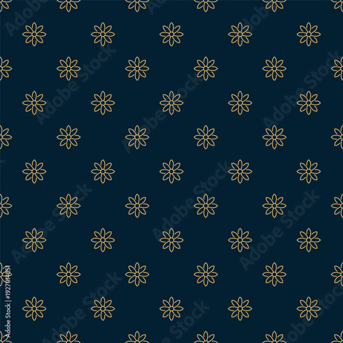 Small yellow outline flowers isolated on a dark green-blue background. Floral seamless pattern. Simple flat vector graphic illustration. Texture.