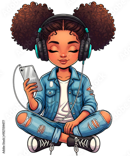 Girl with headphones listening to music isolated on transparent background