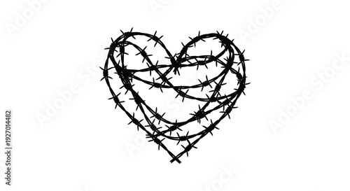 A stark black heart shape constructed from barbed wire conveying pain and conflict a powerful silhouette high quality