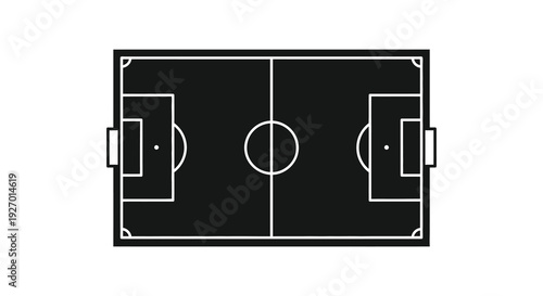 An aerial view depicts a soccer field with goalposts lines and a center circle silhouette high quality professional
