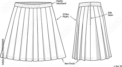 Technical fashion illustration of pleated skirt front and back view with elastic waistband box pleats hem finish and side seam ideal for apparel garment design