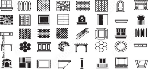 Architectural Elements Array: A diverse collection of illustrated architectural elements, including windows, doors, patterns, and structural components. showcasing design variety and utility.