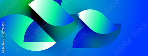 Abstract fluid shapes overlap, creating vibrant blue, green gradients. Modern design suggests movement, energy, innovation. Smooth transitions define composition.