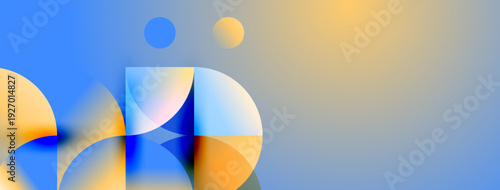 Abstract composition features overlapping circles, squares. Blue, orange hues blend into gradient background. Modern design elements present.