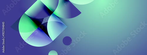 Abstract composition featuring overlapping circles, gradients. Blue, green hues dominate, creating fluid visual experience. Minimalist design.