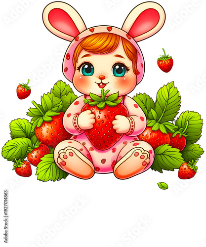 Baby in Bunny Costume Holding Strawberry, surrounded by berries and leaves, isolated on transparent background