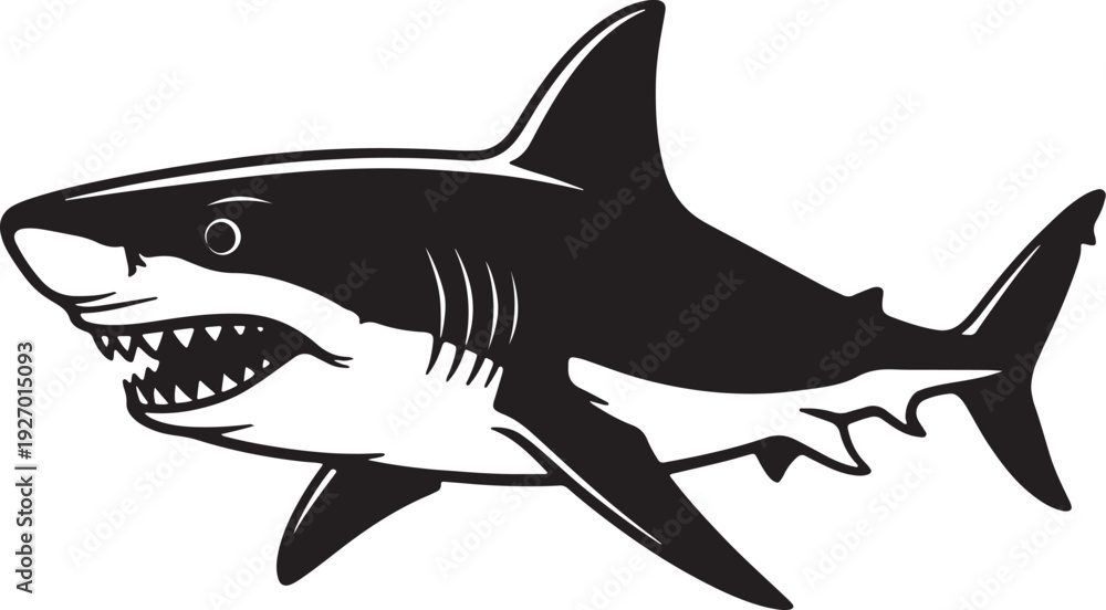 Obraz premium Black and white of a shark with open mouth and sharp teeth swimming also transparent background white shark