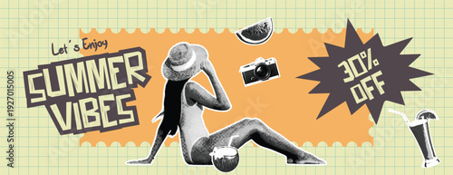 Retro vintage pop art comic style halftone collage summer holiday vacation banner Summer vibes with woman in swimsuit and hat, enjoying tropical vacation with summer sale discount  social media banner