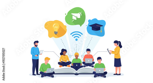 Digital Education and E-Learning Concept. Diverse Students Collaborating on Laptops on a Book, Sharing Ideas via WiFi Connectivity.