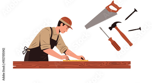 A carpenter in a brown apron and hat measures wood with various tools nearby on a white background with a neutral mood.