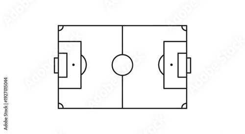 An overhead view of a soccer field with goalposts and a center circle silhouette high quality professional detailed