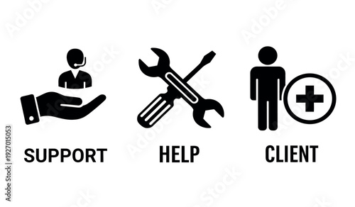 Support help client icons with hand, wrench, and medical cross on for customer service concepts
