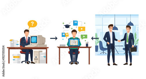 Career Transformation: The Path from Outdated Skills and Confusion to Professional Success, Modern E-Learning, Upskilling, and Business Deal Handshake.