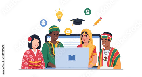 Diverse Students Learning Online: Global Education, Cultural Exchange, and International Collaboration via E-Learning Platform Vector Illustration.