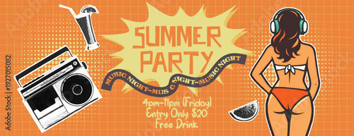 Retro vintage pop art comic style halftone collage summer holiday vacation banner Summer party music night with woman in bikini, boombox, and Summer Beach party retro vintage banner template design