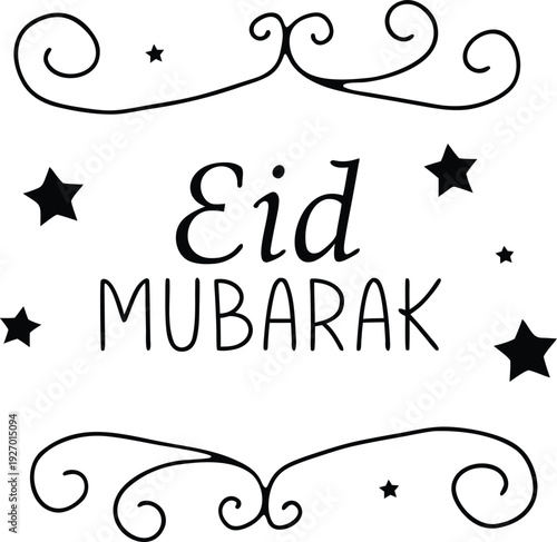 Eid Mubarak greeting card design with elegant calligraphy and decorative swirls and stars, vector illustration.