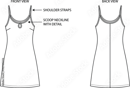 Technical fashion illustration of sleeveless dress front and back view with shoulder straps scoop neckline decorative detail and center seam ideal for apparel garment design