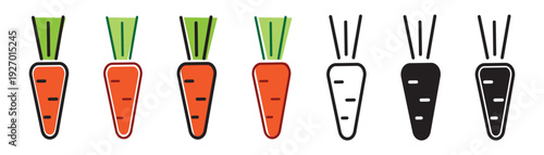 Carrot icon set in line and solid color styles with editable stroke. Vegetable symbols with clean outlines, isolated on a transparent background, suitable for food packaging, grocery, healthy food