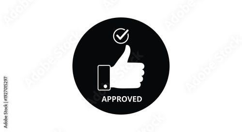 A black circular graphic displays a white hand giving a thumbs up with the word approved a silhouette