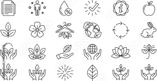 Collection of Eco-Friendly and Sustainability Icons Featuring Plants, Nature, Recycling, and Environmental Awareness for Web and App Use