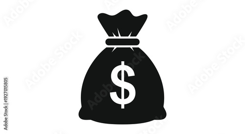 A stark black silhouette depicts a money bag adorned with a dollar sign representing wealth silhouette high quality
