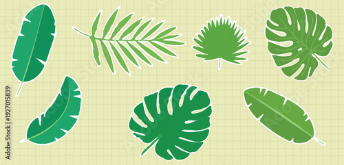 Retro vintage pop art comic style halftone collage summer holiday vacation banner Tropical green leaves collection with monstera and banana leaf stickers on vintage grid background