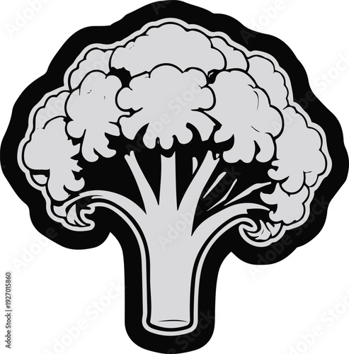 Minimalist frozen cauliflower floret vector sticker, bold black thick clean outline, pure white background, isolated object