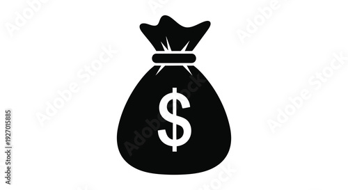 A stark black silhouette depicts a money bag with a prominent dollar sign representing wealth silhouette high quality