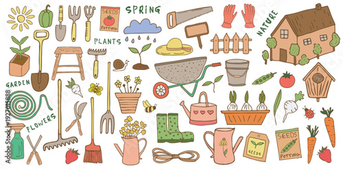 Garden doodle set, spring agriculture sketch, vector graphic hand drawn illustration., farm plants. vintage gardening tools, seedling, nature summer element. harvest growing plants. Cottagecore style.