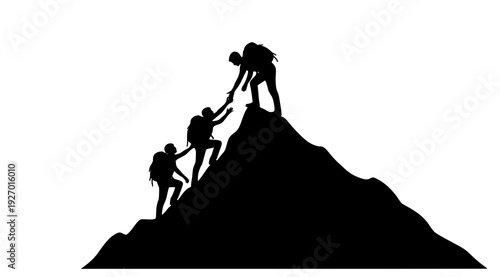 Helping friend mountain top silhouette teamwork success and achievement concept vector illustration isolated on white background
