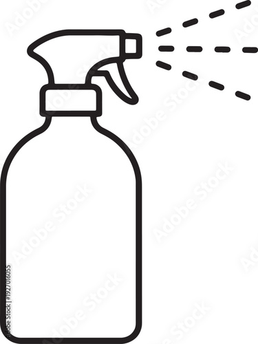 Black outline spray bottle dispensing liquid droplets against white background also transparent background