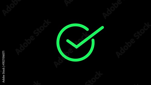 Green check mark icon animation with loading circle on black background - Concept of success, completion, and approval
